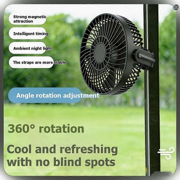 Magnetisk Golfvognsventilator, Genopladelig 10000mAh Ventilator, 4-Hastigheder 360° Rotation, Timerfunktion, LED-Belysning, Magnetisk Base Black