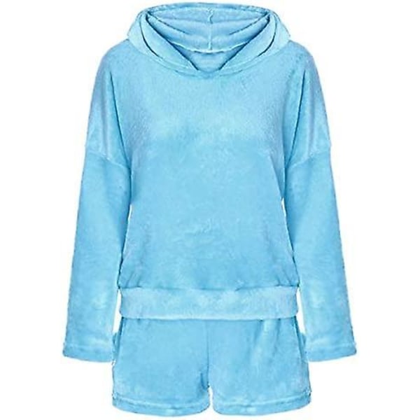 Famkit Koselige Pyjamas i Fleece for Kvinner og Jenter - Søt Meow-Brodert Hoodie og Shorts - Todelt Pyjamas - Himmelblå Sky Blue S