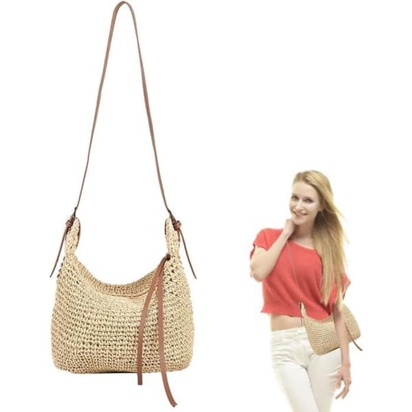 Skuldertasker, stråtasker, strandtasker til kvinder, vævede sommertasker med lynlåshåndtasker, beige