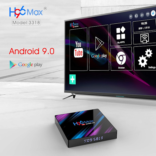 H96 Max Android 10.0 TV-box 2GB RAM 16GB ROM, Penta-Core Mali-450, RK3318 Quad-Core 64bit Cortex-A53, H.265-avkodning 2,4 GHz/5 GHz WiFi Smart TV-box EU EU 4GB/64GB