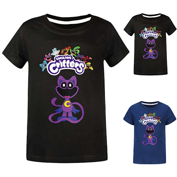 Børns Smilende Dyr CatNap Sød Tegneserie T-Shirt Kortærmet Tee Unikke Topper Sort Black 130cm