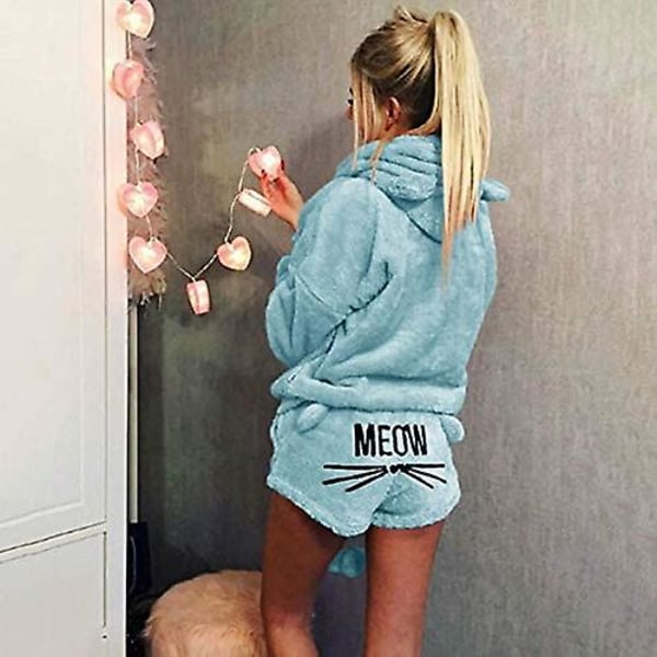 Famkit Fleece Pyjamas til Kvinder og Piger - Behagelig Natøj med Broderet Meow-Hættetrøje og Shorts - Todelt Pyjamas-Sæt til Fest - Himmelblå Sky Blue XL
