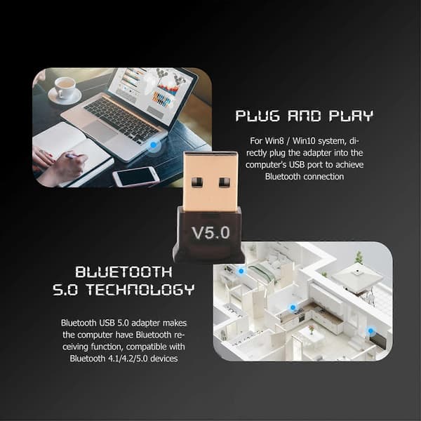 USB Bluetooth 5.0-adapter for PC Win10/8.1/8/7/Bluetooth Dongle-mottaker/sender for støtte til Black