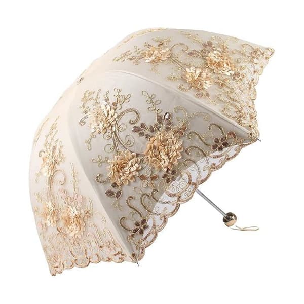 Vintage blonde UV solparasoll sammenleggbar 3D blomsterbroderi paraply