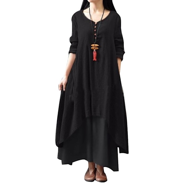 Plus Size Oversized Dame Ensfarvet Langærmet Baggy Løs Lagdelt Maxikjole Black S