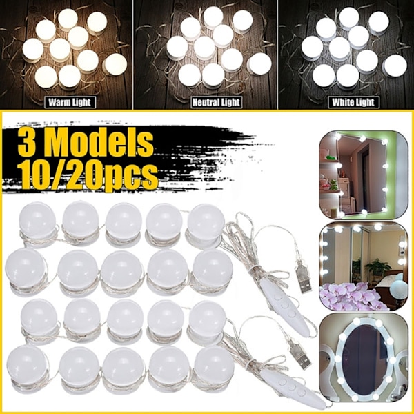 Hollywood-stil LED-lys til makeup-bord med USB-spejl - Perfekt hvid White 10pcs