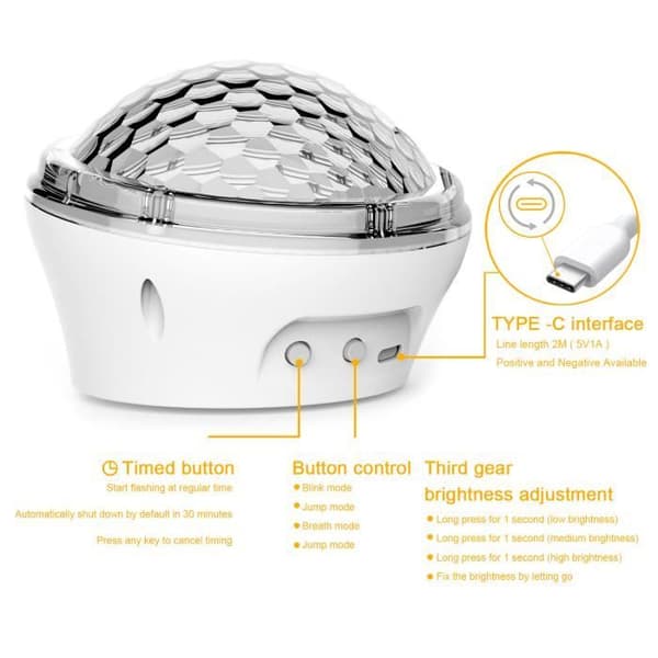 LED Stjernehimmel Nattlysprojektor med Timer og 4 Dynamiske Projeksjonsmoduser - Hvit - 0.25kg