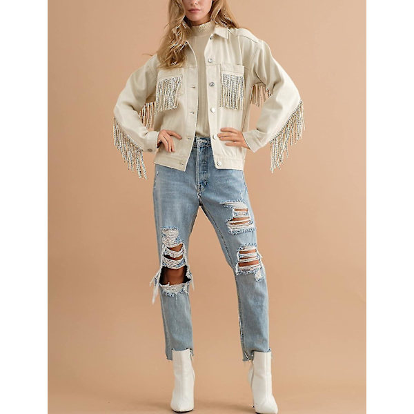 Naisten Rihmaustetut Reunus Denim Takki Pitkähihainen Rento Tupsu Jean Takki Takki Beige Beige Medium