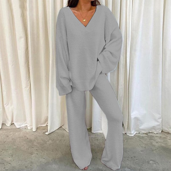 Dame Polarfleece V-hals Lounge Et Lys Grå Vid Ben Todelt Light Grey S