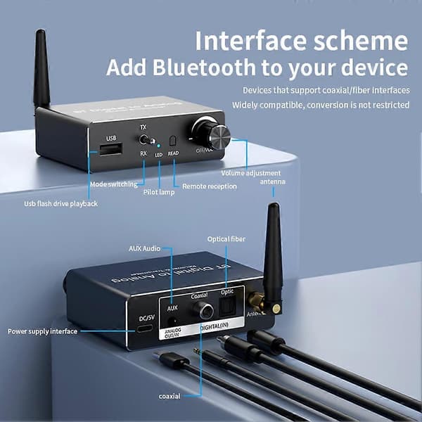 BT 5.3 lydmottaker sender digital til analog lydkonverter DAC digital SPDIF optisk til L/R RCA-konverter