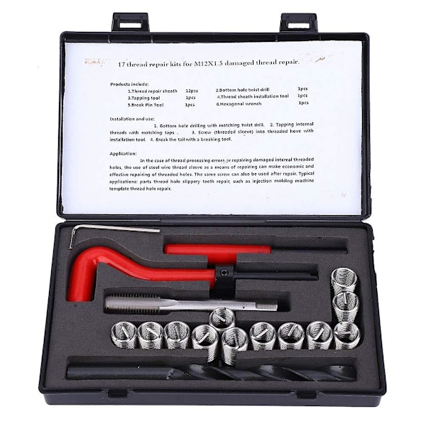 M12 x 1,5 mm gängreparationssats, rostfritt stål borr Helicoil reparationssats, 15 delar gängreparationssats, gängade insatser installationsverktyg för reparation av In