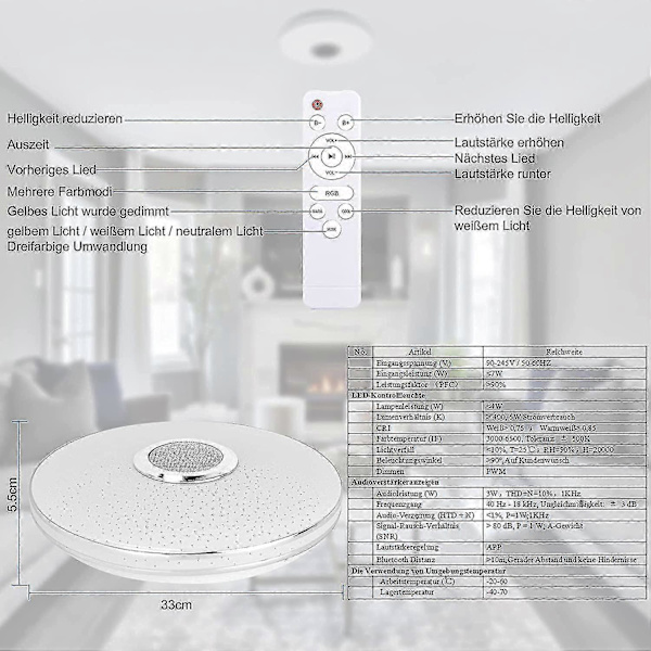[KK]36W LED ceiling light, dimmable, with Bluetooth speaker, controllable via remote control or app.