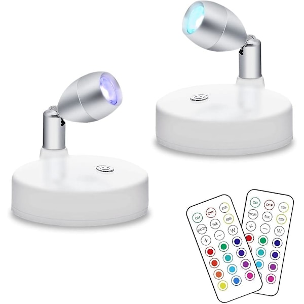 2-pakks Trådløse RGB LED-spotlights, Batteridrevet Accentlys, Dimmbare Innendørs Mini Puck-lys med Fjernkontroll, 4000K Varmt Hvit, Klistre på