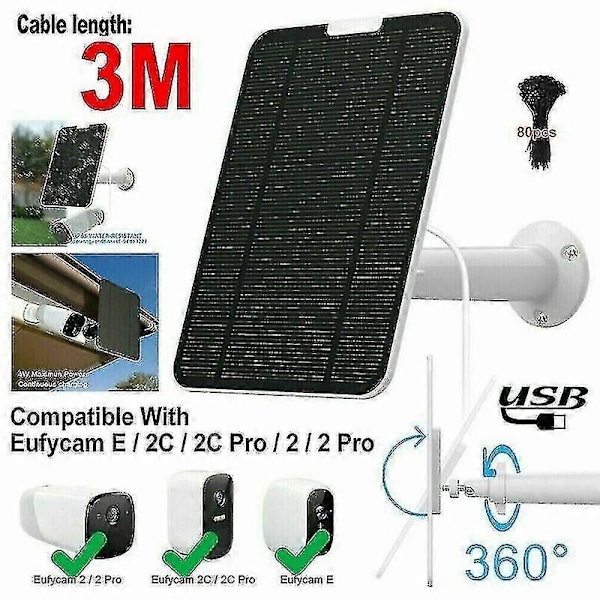 Solpanel för Eufycam 2/2c/2c Pro/e/2 Pro 4w Fäste 13ft Kabel Svart