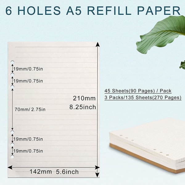 A5-påfyllningspapper, 3 förpackningar 100 g/m2 tjockt påfyllningsbart papper 6-hålsfyllningspapper löspapper 135 ark (270 sidor) för 6 ringpärmjournal Noteboo