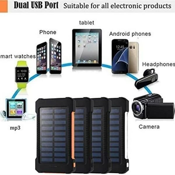 Kaide® 50000mAh bærbar solcellebatteri - Oransje - 2 USB-porter - Vanntett LED-lys