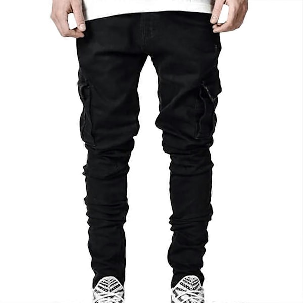 Herre Cargo Combat Denim Bukser Skinny Jeans Casual Slim Fit Bukser Black S