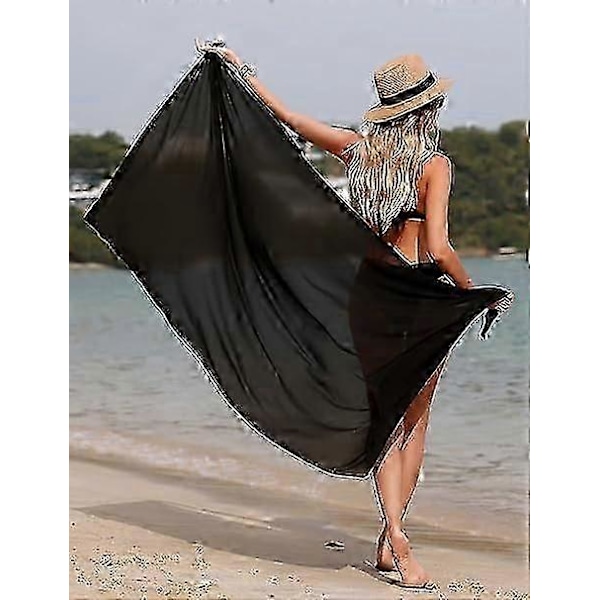 Strandslag til Kvinder Strandovertræk Chiffon Sarong Bikini Overtræk til Badetøj Langt Tørklæde Halvt Strand Pareos til Sommer PrettyJ Black