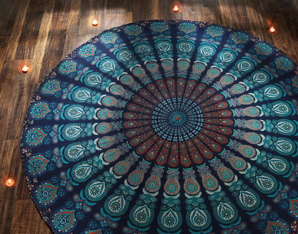 [KK] Round Tapestry - Peacock Mandala Round Tablecloth Compatible with Table or Beach
