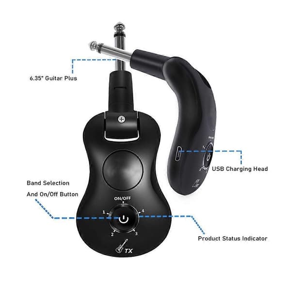 2.4G trådløst guitarsystem digital sender og modtager 4 kanaler version til elektrisk guitar bas Black