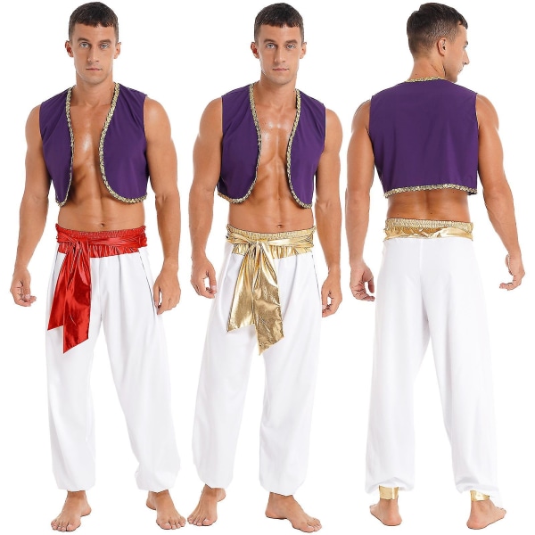Herr Halloween kostym Mytisk Prince Aladin Carnival Carnival Cosplay Party Outfit Paljettkant väst med bältade byxor White B XL