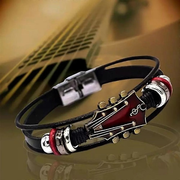 Retro Faux Läder Gitarrarmband, Zinklegering Rockmusik Gitarr Läderarmband Black