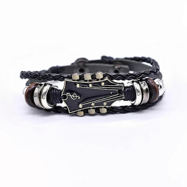 Retro Faux Läder Gitarrarmband, Zinklegering Rockmusik Gitarr Läderarmband Black