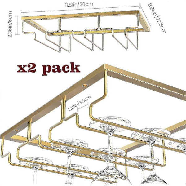 Vinglasställ, [2-pack] Vinglashängare För Skåp Stamglas Vinglashållare Förvaringshängare För Bar Kökskåp (3 Rader) - Guld