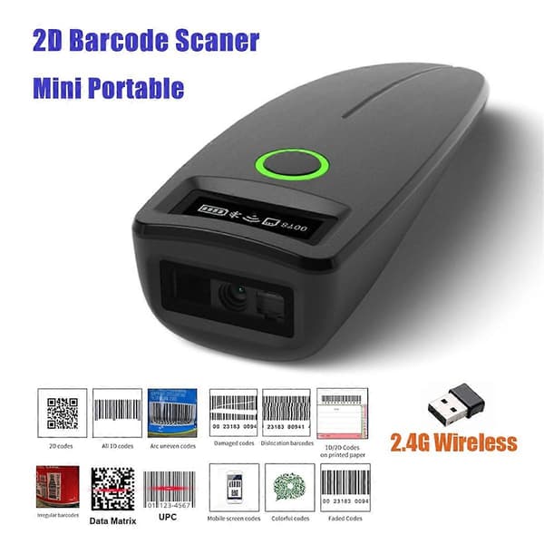 Streckodescanner Mini Trådløs Bluetooth Håndholdt Bærbar 1D 2D QR Stregkode Black