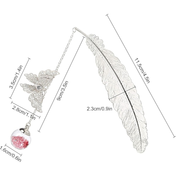 Metal bogmærke i fjerform med sommerfugl og evig tørret blomst Gla