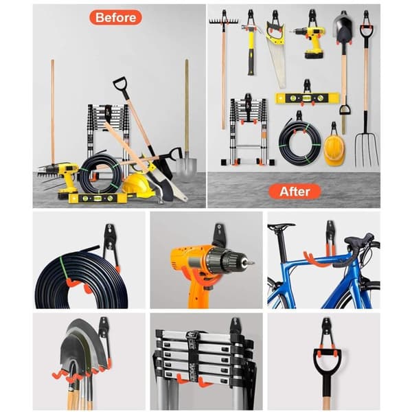 [KK] Garage Storage Hooks, 12 Pcs Heavy Duty Wall Hooks with Non-Slip Coating, Square Hooks, Wavy Hooks, for Shovels