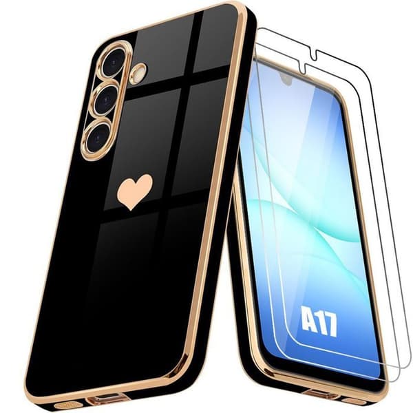 [KK] Protective Case - BOOLING - Compatible with Samsung Compatible with Galaxy A17 4G/5G - Hearts Pattern Soft Black - 2 Tempered Glass Svart