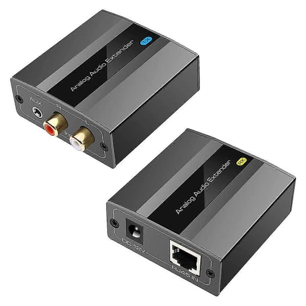Analog lydforlenger RCA 3,5 mm stereo over Ethernet enkelt Cat5E/6/7-kabel opptil 500M lydkonverterer EU-plugg Black
