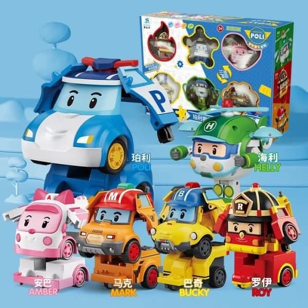 6-delt Robocar Group legetøjssæt til børn, transformerende robotbilmodel, animefigur, Cadbury