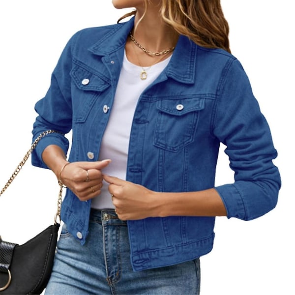 Kvinnors Button Down Långärmad Cropped Jeansjacka med fickor Navy blue L