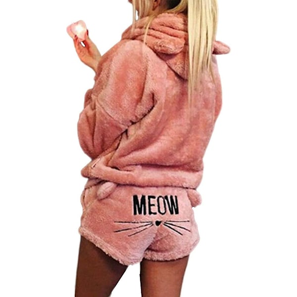 Famkit Fleece Pyjamas til Kvinder og Piger - Hyggeligt Nattøj med Broderet 'Meow' - Trøje med Hætte og Shorts - 2-delt Sæt - Party Pink Pink L