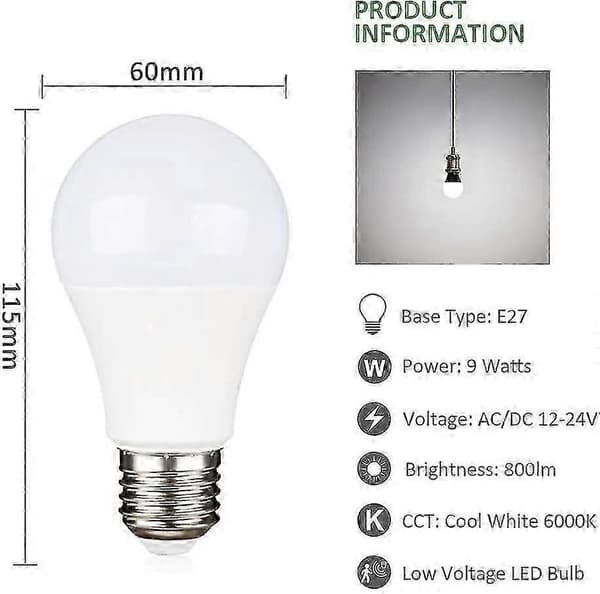 12V E27 LED 9W Kaldt Hvit 6000K - Halogen Ekvivalent 75W - AC/DC 12V 24V - 4 Pakning
