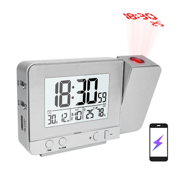 Projektionsväckarklocka för sovrum med termometer hygrometer digital projektionstakklocka dimbar