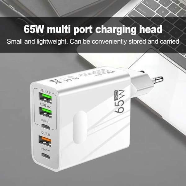 Hurtiglader - YuanYuan - 65W - 2 USB-C + 2 USB + 1 QC 3.0 - Hvit