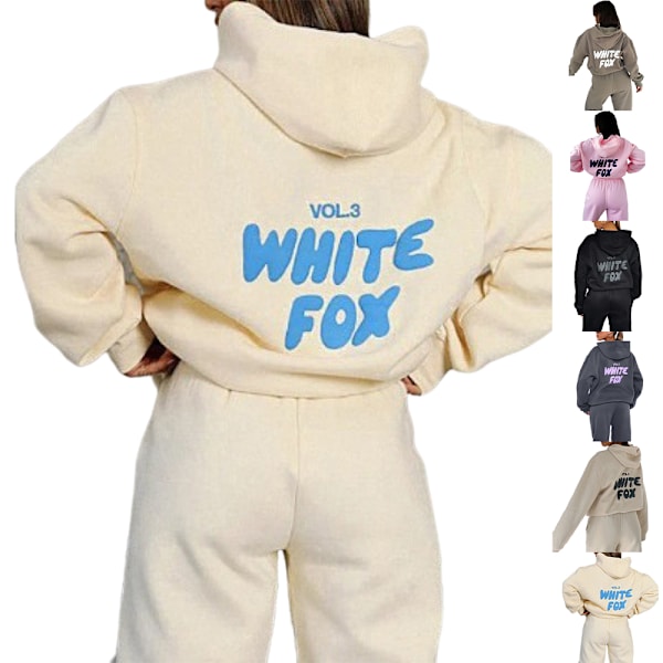 Hvid Fox Hoodie Tracksuit Sweatshirt Top og Lange Bukser Sæt Sort Sort til Kvinder Black 2XL