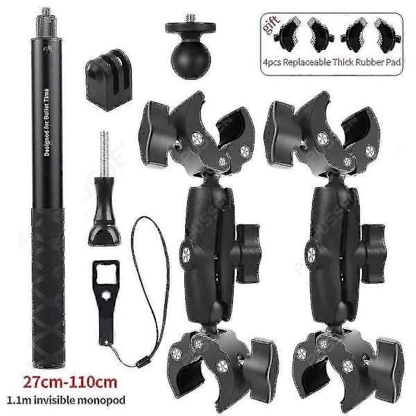 Motorcykel Cykel Osynlig Selfie Stick Monopod Styrfäste Fäste För Gopro Max Hero 11 Insta360 One X2 X3 Tillbehör 1.1m and 2 Clamp kit