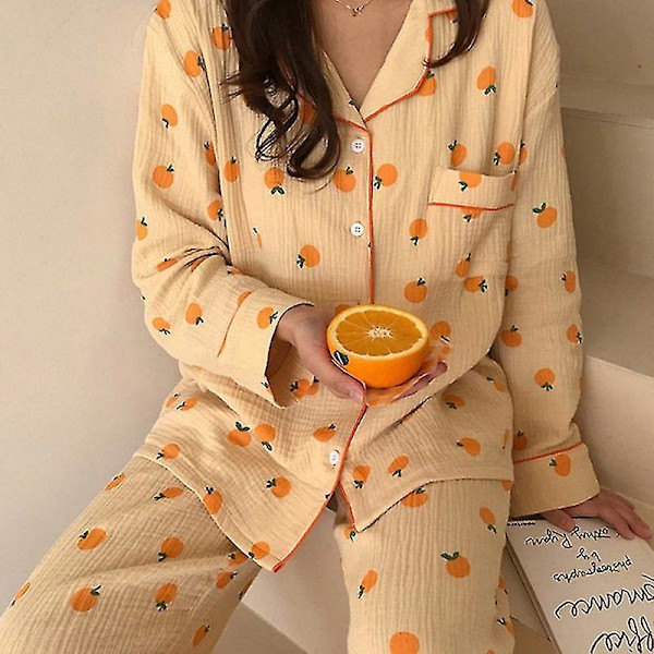 Mjuk bomull Kawaii apelsiner tryck långärmad pyjamas set XL