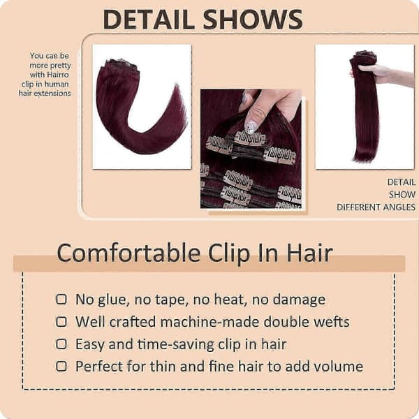 Vinrøde 20\" ægte hår extensions til kvinder, 150g Double Weft Clip-In Full Head Sæt