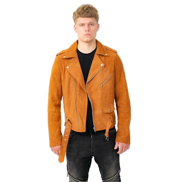 Herre Brun Tan Ruskind Læder Biker Jakke Tan XS