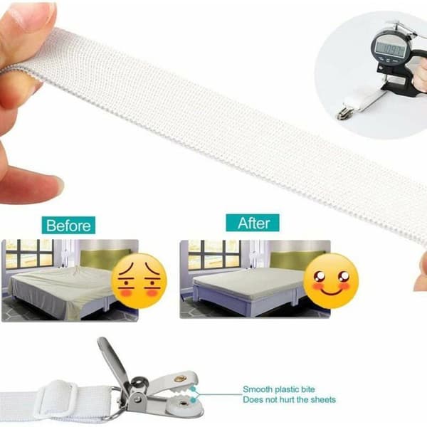 12 elastiske madrassklips, justerbare lakenstropper, hvit