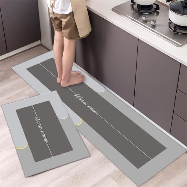 Sæt med 2 køkkenmåtter foran vask - 40x60 cm & 40x120 cm Grå - Rektangulær skridsikker moderne dørmåtte