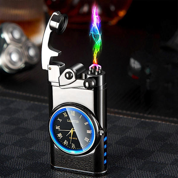 Genopladelig Elektronisk Dobbelstrømslighter Med Ur, RGB-lys Effekt Og Strømindikator A
