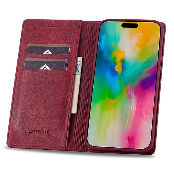 LC.IMEEKE iPhone 16 Pro Max Nahkakotelo RFID-suojauksella ja Korttipaikoilla - Musta Multicolor Red