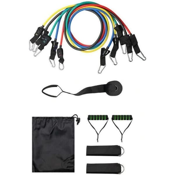 Motståndsband - ELASTIBAND - Set om 5 - Skumhandtag - Fotledsremmar - Bärväska