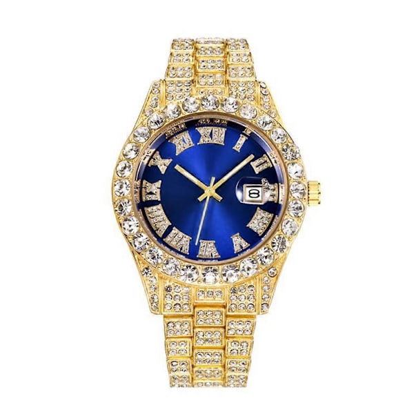 Hiphop Klocka Europeiska Och Amerikanska Explosioner Herr Stålarmband Hip Hop Romersk Graderad Diamant Uppsättning Kalender Herr Quartz Klocka blue A